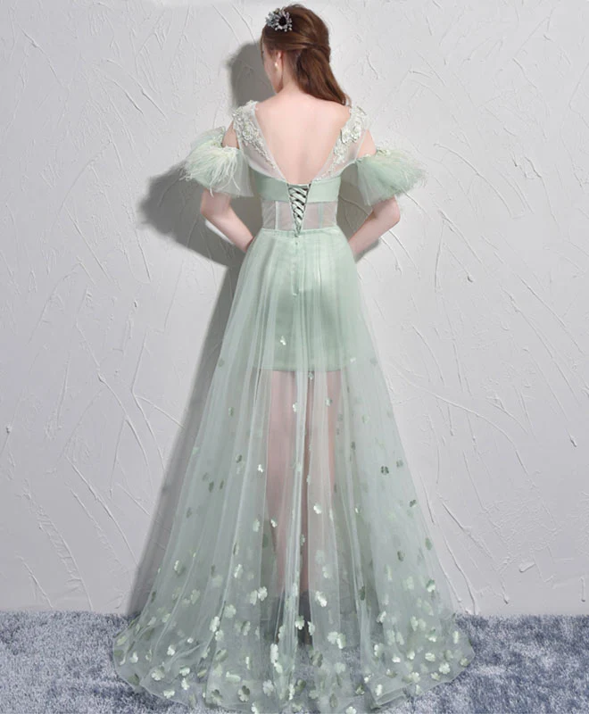 Unique Green Tulle V Neck Long Prom Dress, Green Evening Dress - Deanwangkt