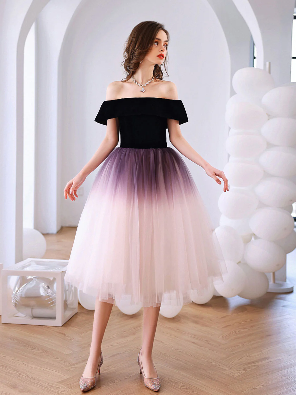 Purple Off Shoulder Tulle Short Puffy Prom Dresses, Puffy Purple Homecoming Dresses - Deanwangkt