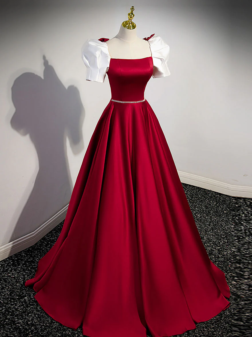 A-Line Satin Burgundy Long Prom Dresses, Puffy Sleeve Formal Evening Dress - Deanwangkt