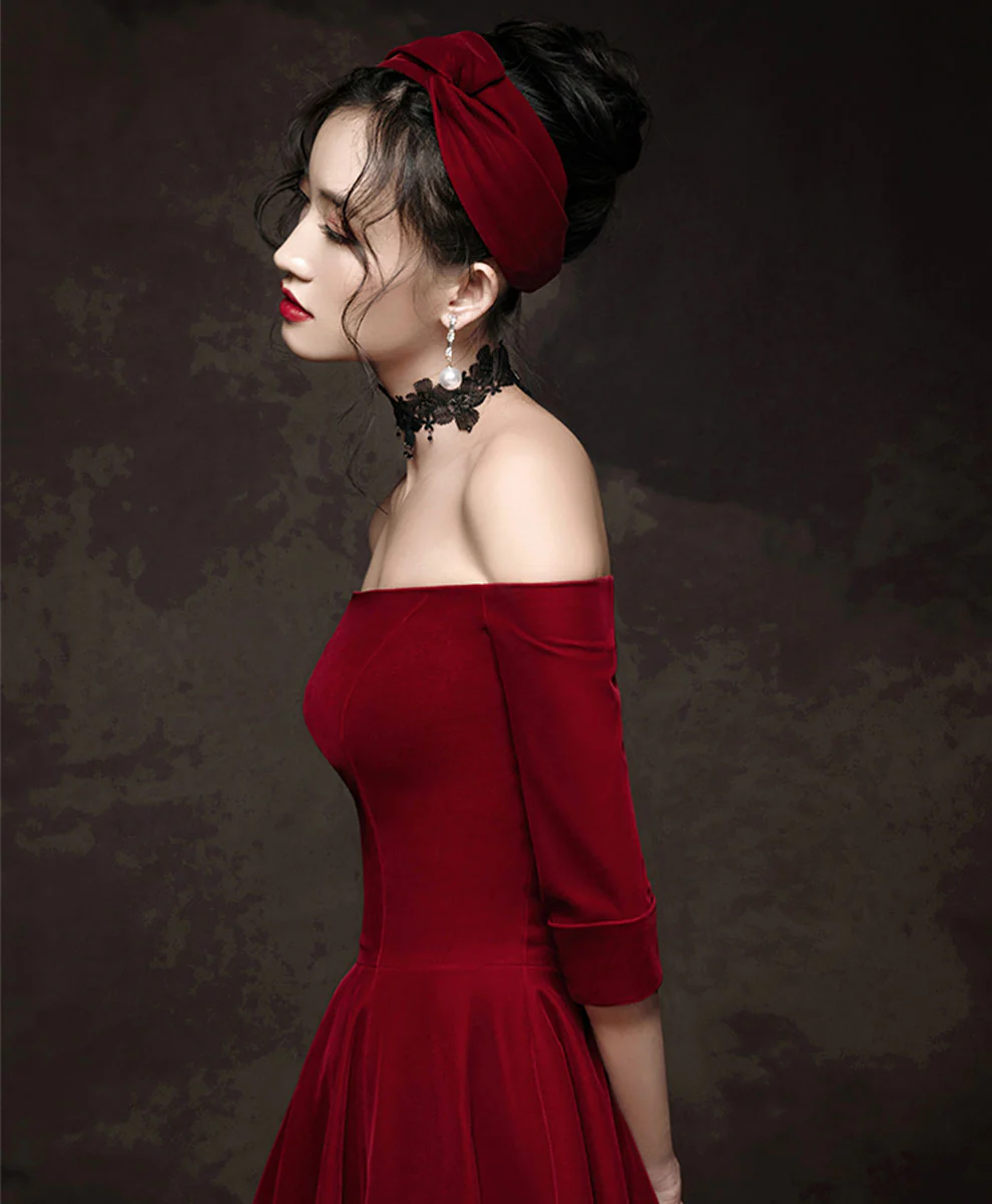 Simple Burgundy Short Prom Dress, Velvet Burgundy Homecoming Dress - Deanwangkt