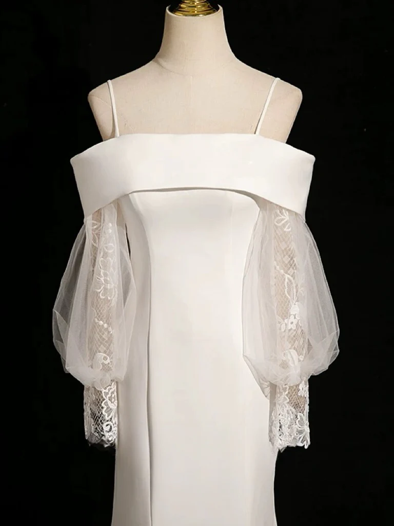 White Long Sleeve Lace Long Prom Dress, White Long Bridal Dress - Deanwangkt