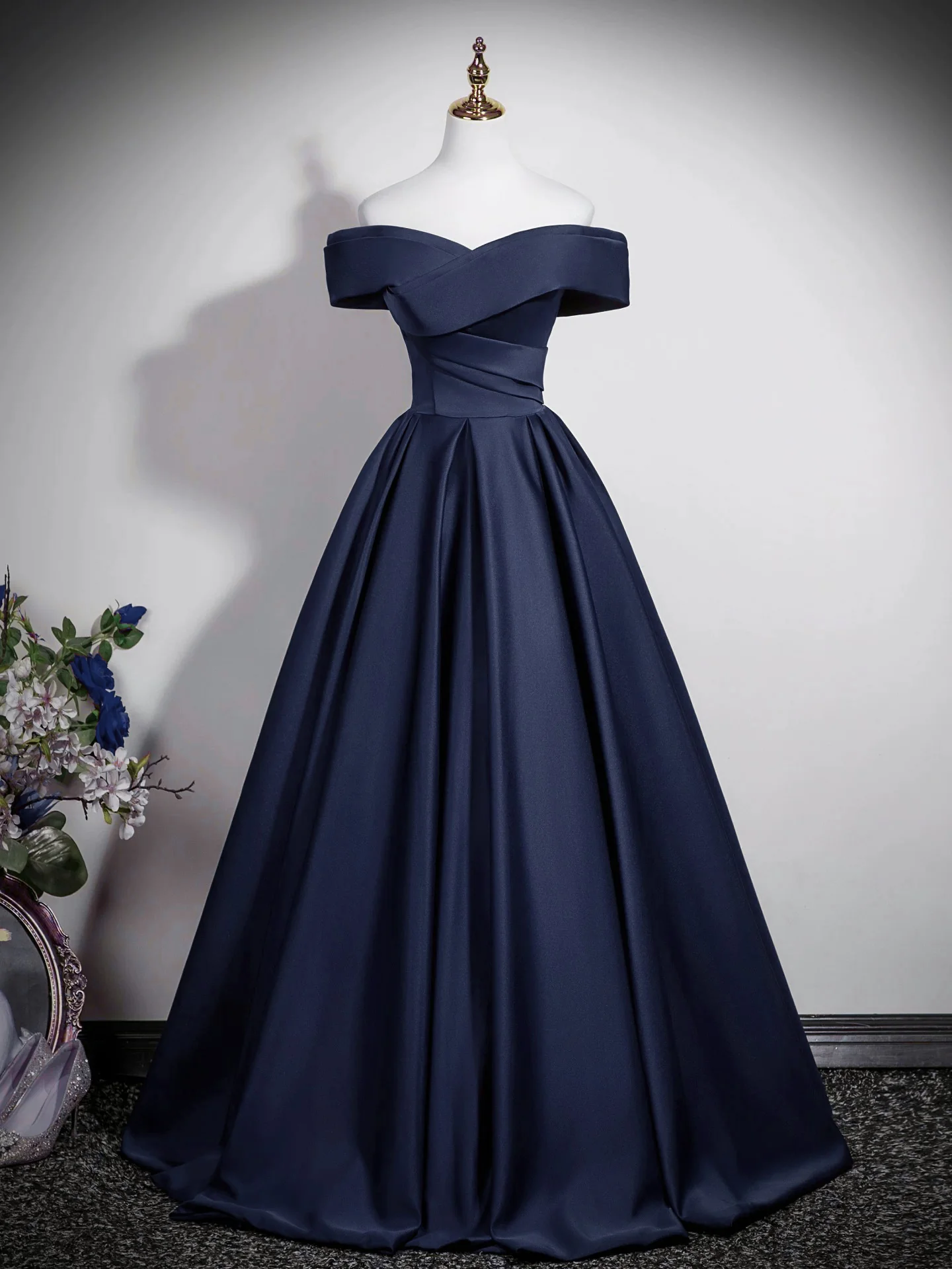 A-Line Off Shoulder Satin Dark Blue Long Prom Dress, Dark Blue Long Formal Dress - Deanwangkt
