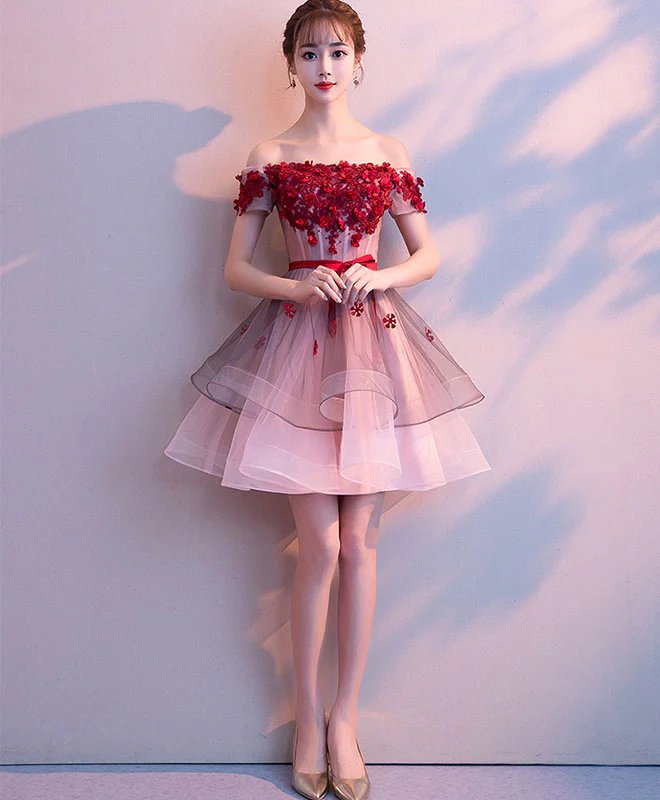 Pink Tulle Lace Short Prom Dress, Pink Tulle Homecoming Dress - Deanwangkt