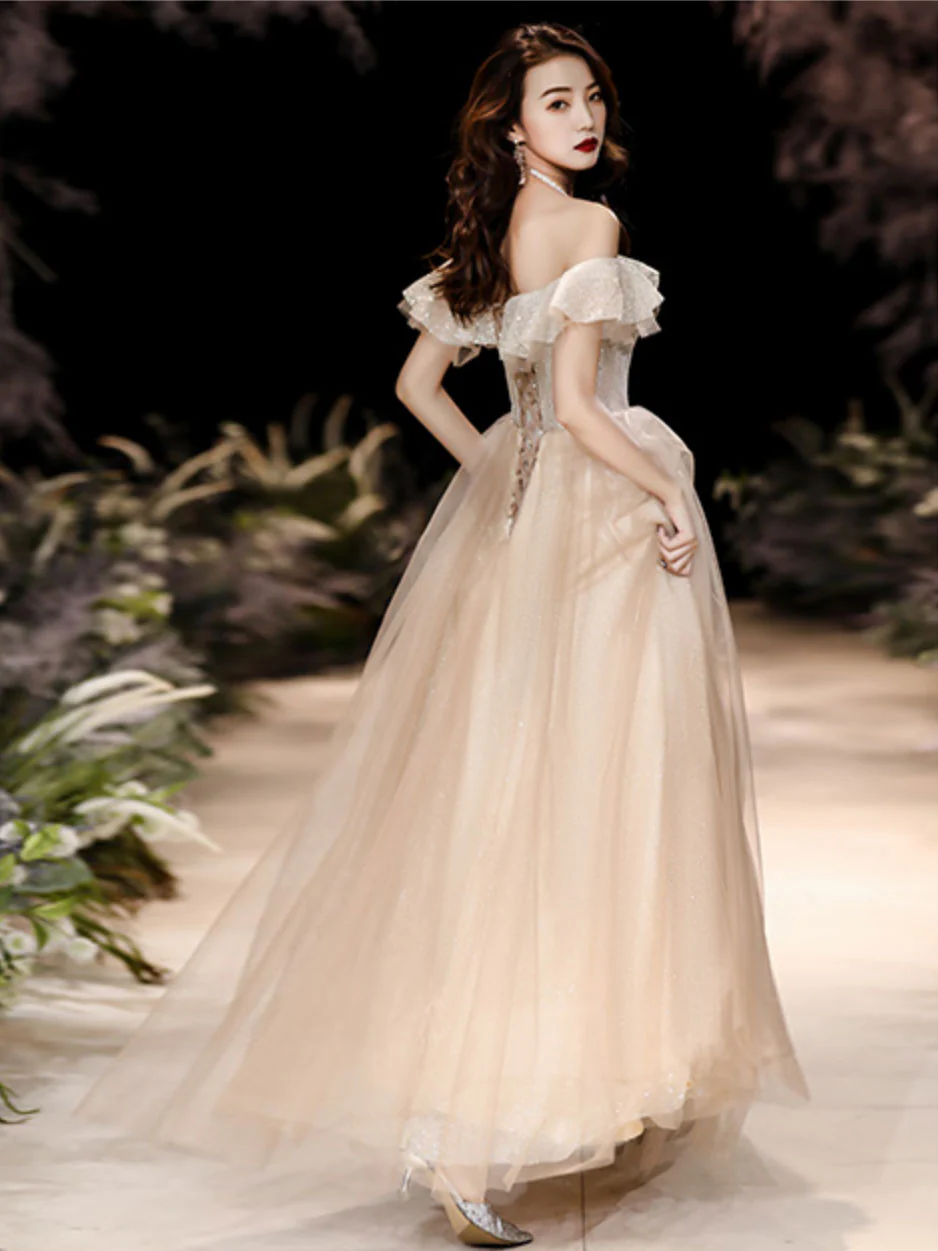 Champagne Tulle Sequin Long Prom Dress, Tulle Formal Dress - Deanwangkt