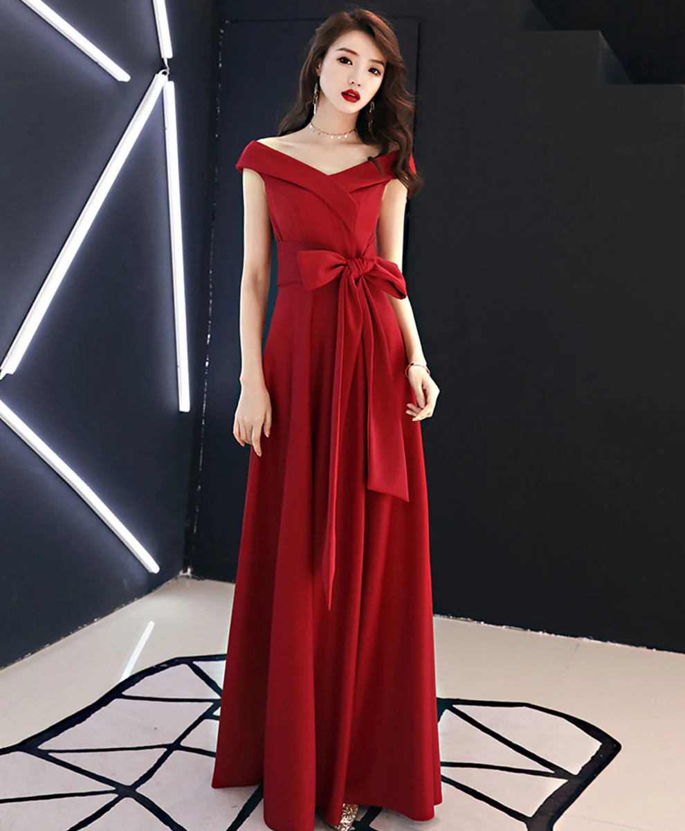 Red V Neck Long Prom Dress, Red Formal Party Dress - Deanwangkt