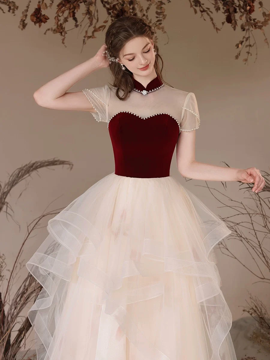 A-Line High Neck Tulle Lace Champagne Long Prom Dress, Champagne Long Evening Dress - Deanwangkt