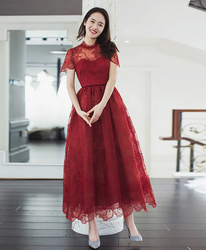 Burgundy Lace Short Prom Dress, Burgundy Evening Dress - Deanwangkt