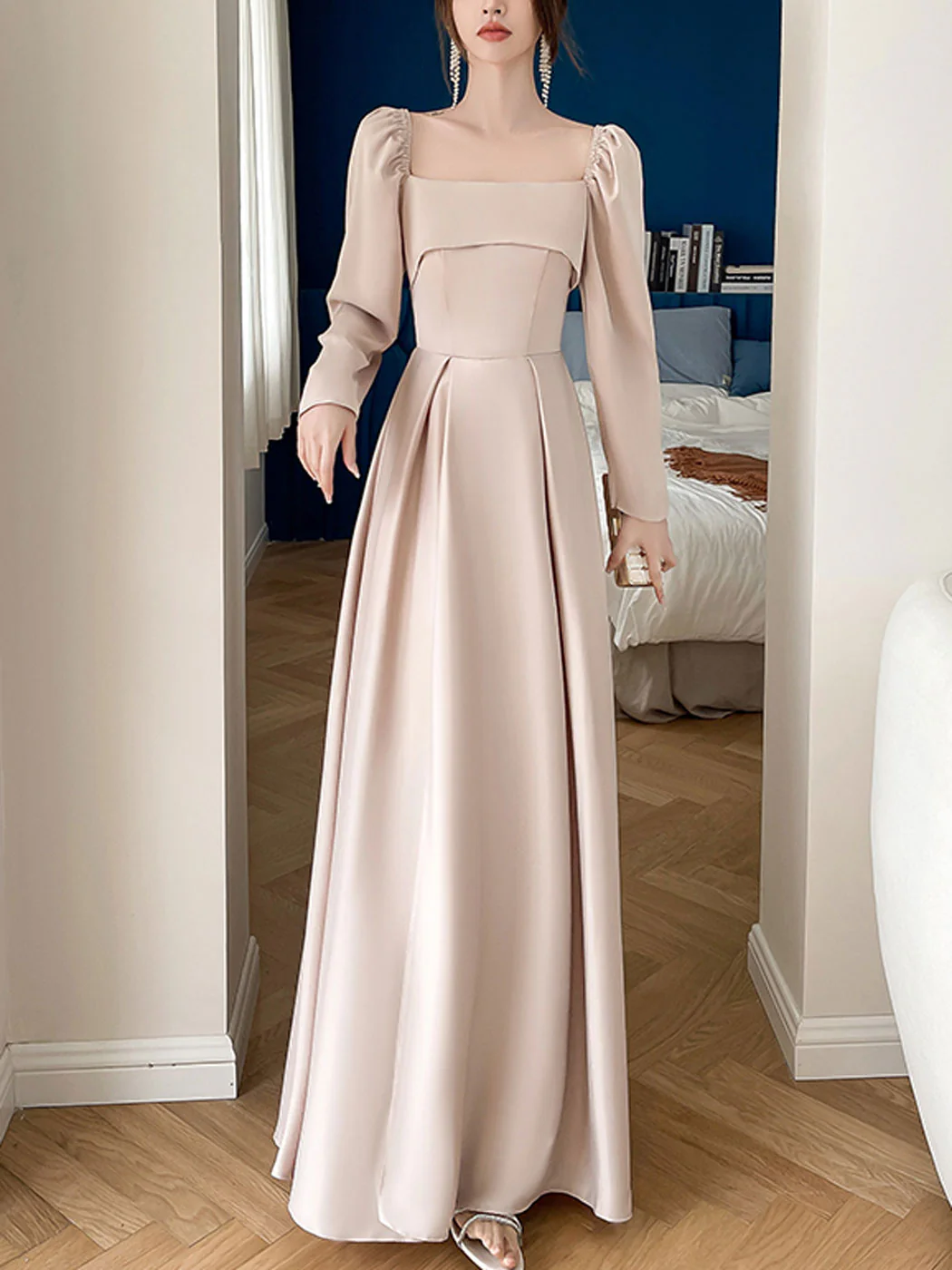 Simple Champagne A line Long Prom Dress, Champagne Bridesmaid Dresses - Deanwangkt