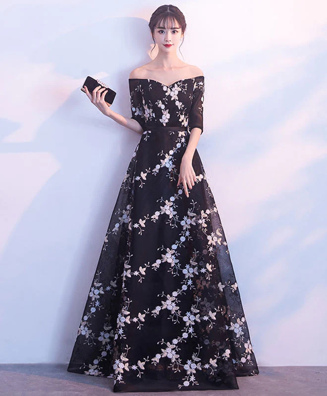 Black V Neck Off Shoulder Long Prom Dress, Black Evening Dress - Deanwangkt