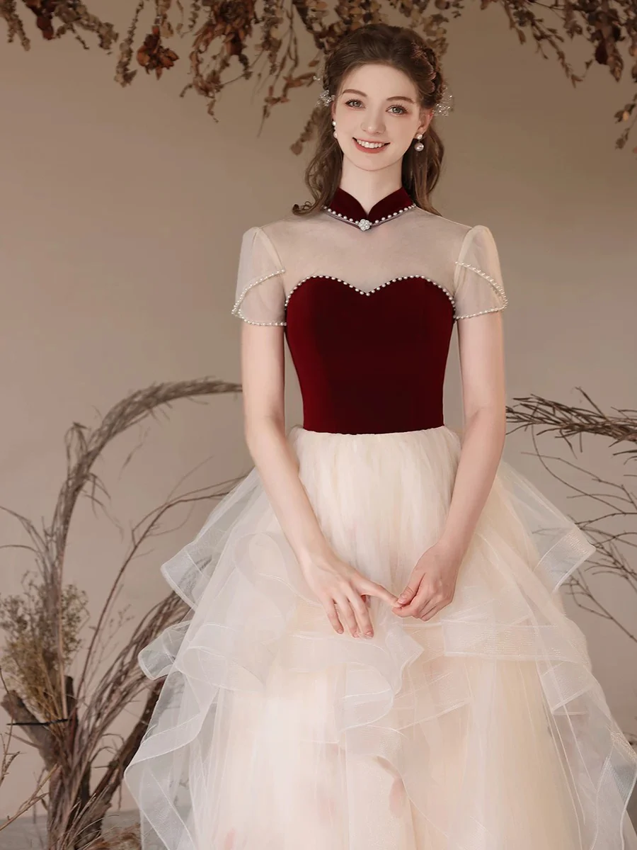 A-Line High Neck Tulle Lace Champagne Long Prom Dress, Champagne Long Evening Dress - Deanwangkt