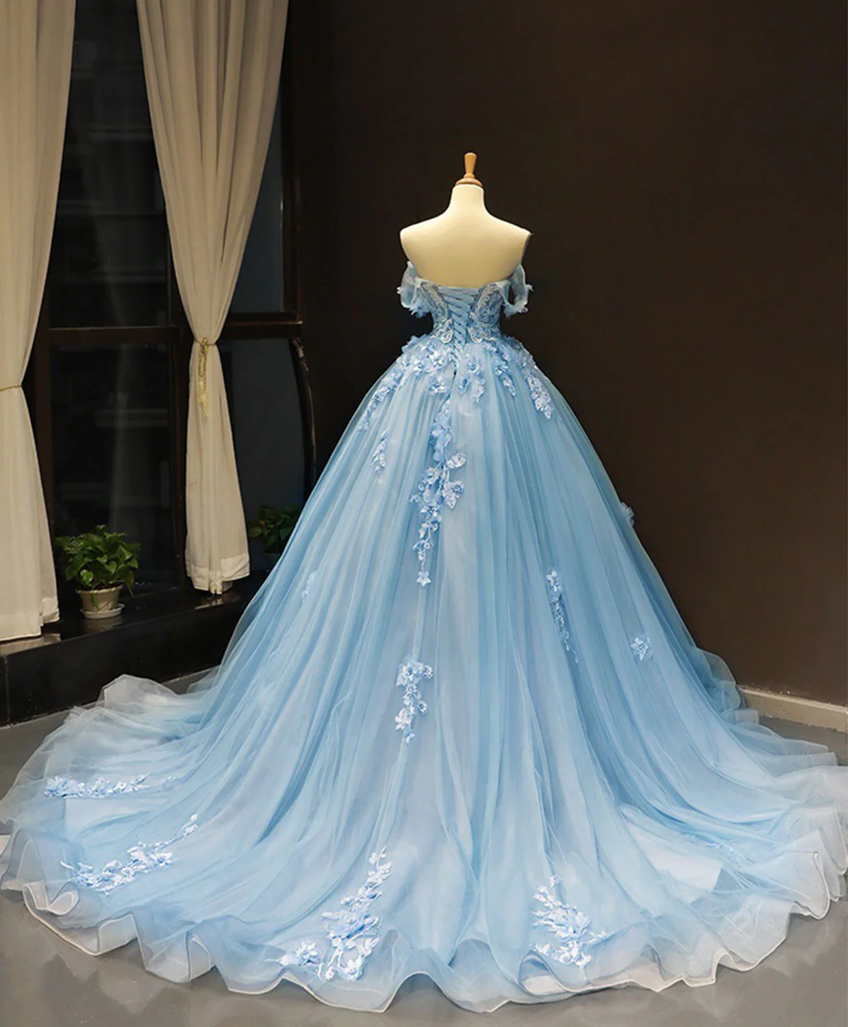 Blue Off Shoulder Tulle Lace Long Prom Dress, Blue Formal Ball Gown Evening Dress - Deanwangkt
