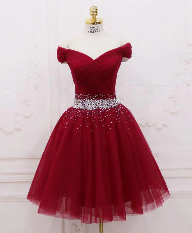 Burgundy Tulle Sequin Short Prom Dress, Burgundy Homecoming Dress - Deanwangkt