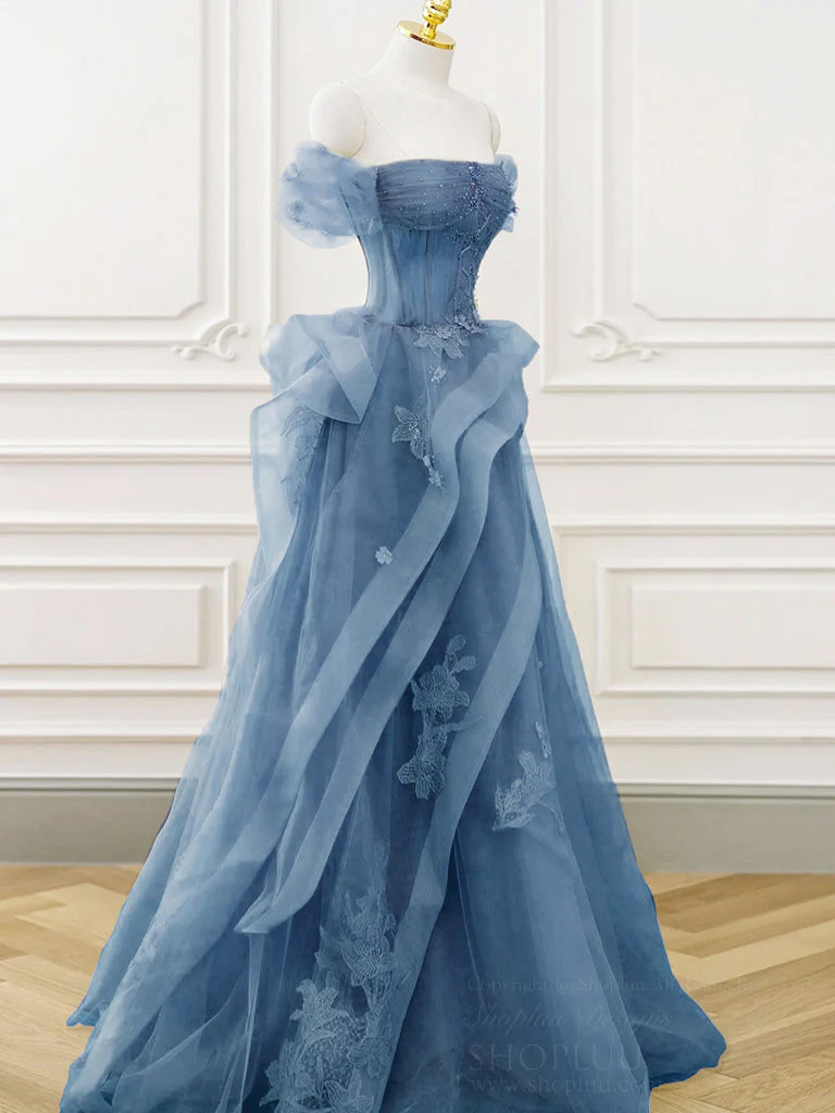 A-Line Off Shoulder Tulle Lace Gray Blue Long Prom Dress, Gray Blue Long Formal Dress - Deanwangkt