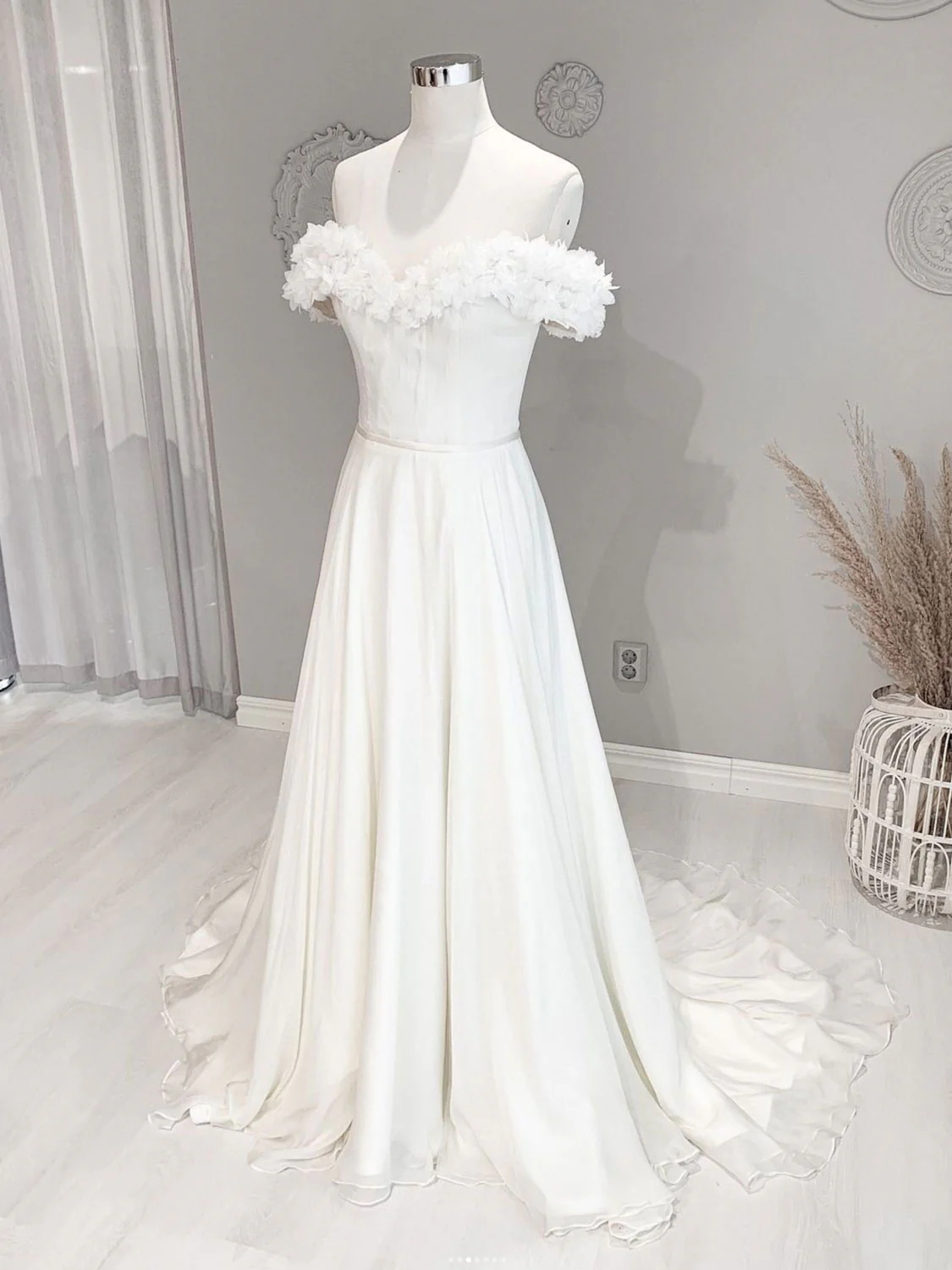 White Off Shoulder Flowers Long Wedding Dress, White Beach Wedding Dress - Deanwangkt