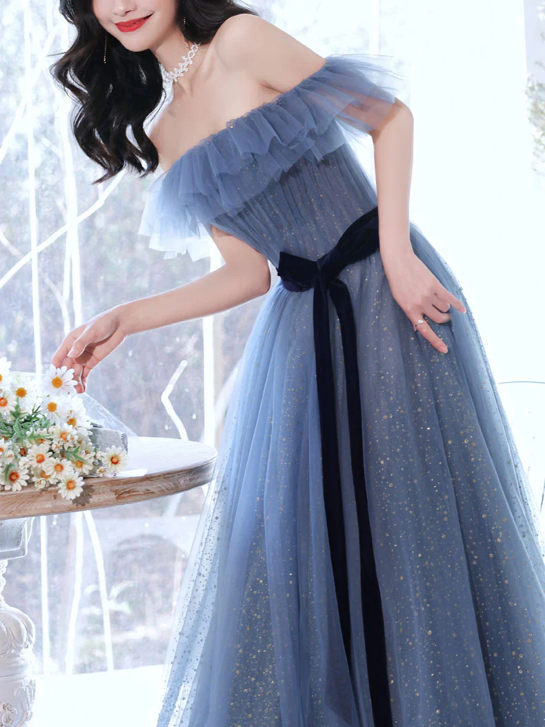 Gray Blue Tulle Long Prom Dress Gray Blue Tulle Formal Dress - Deanwangkt