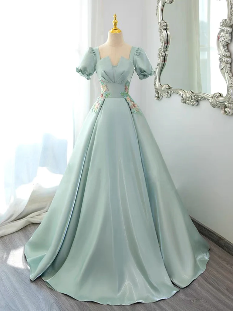 A-Line Satin Lace Applique Green Long Prom Dress, Green Long Formal Dress - Deanwangkt