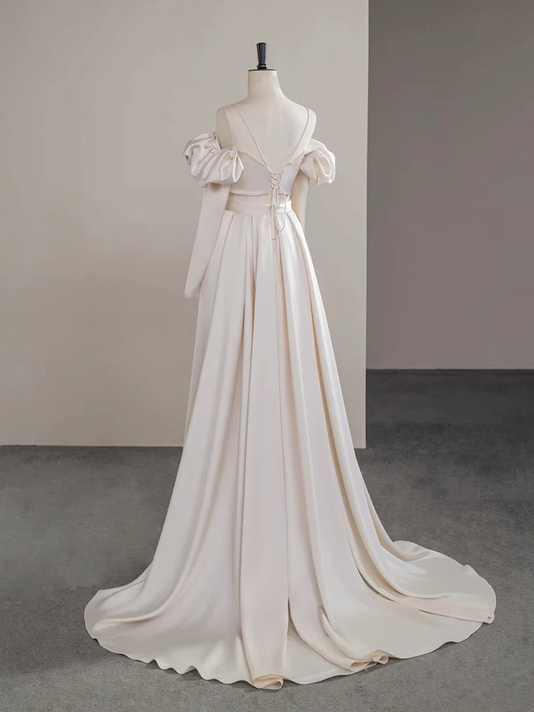 A-Line Two Pieces Satin Champagne Long Prom Dress, Champagne Formal Dress - Deanwangkt