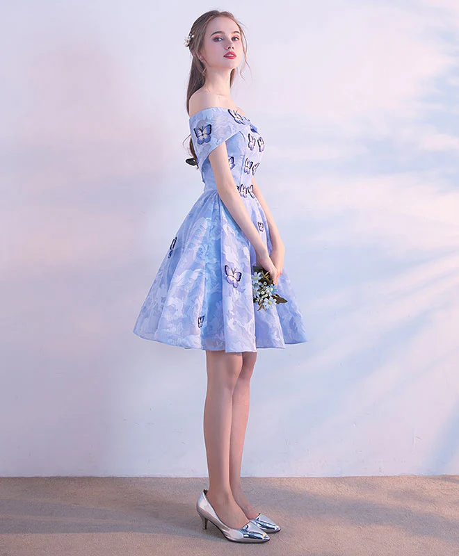 Blue Lace Short Prom Dress, Blue Cute Homecoming Dress - Deanwangkt