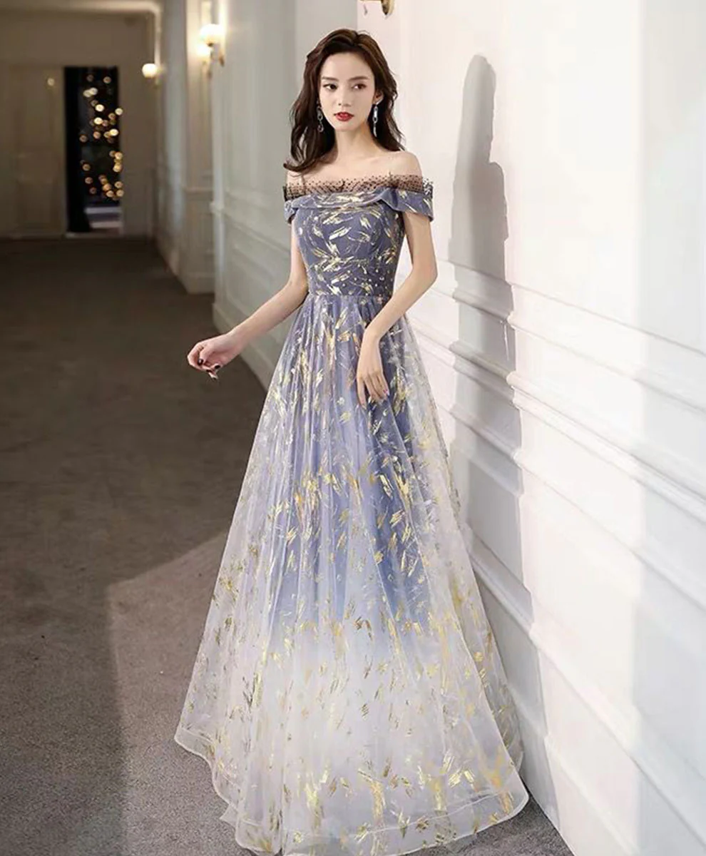 Blue Tulle Off Shoulder Lace Long Prom Dress Tulle Formal Dress - Deanwangkt