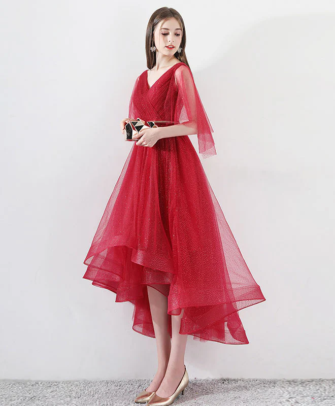 Burgundy Tulle High Low Prom Dress, Burgundy Tulle Evening Dress - Deanwangkt