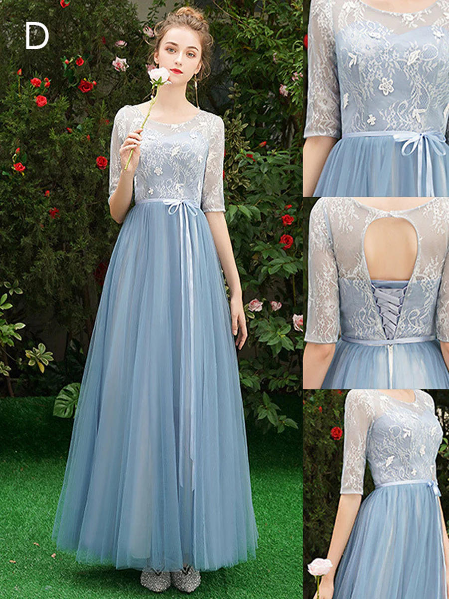 Simple A line Lace Blue Long Prom Dresses, Blue Lace Bridesmaid Dresses - Deanwangkt