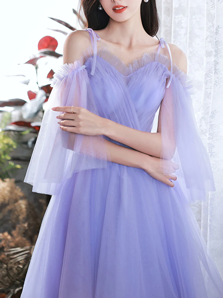 A-Line Purple V Neck Tulle Short Prom Dress, Purple Homecoming Dress - Deanwangkt