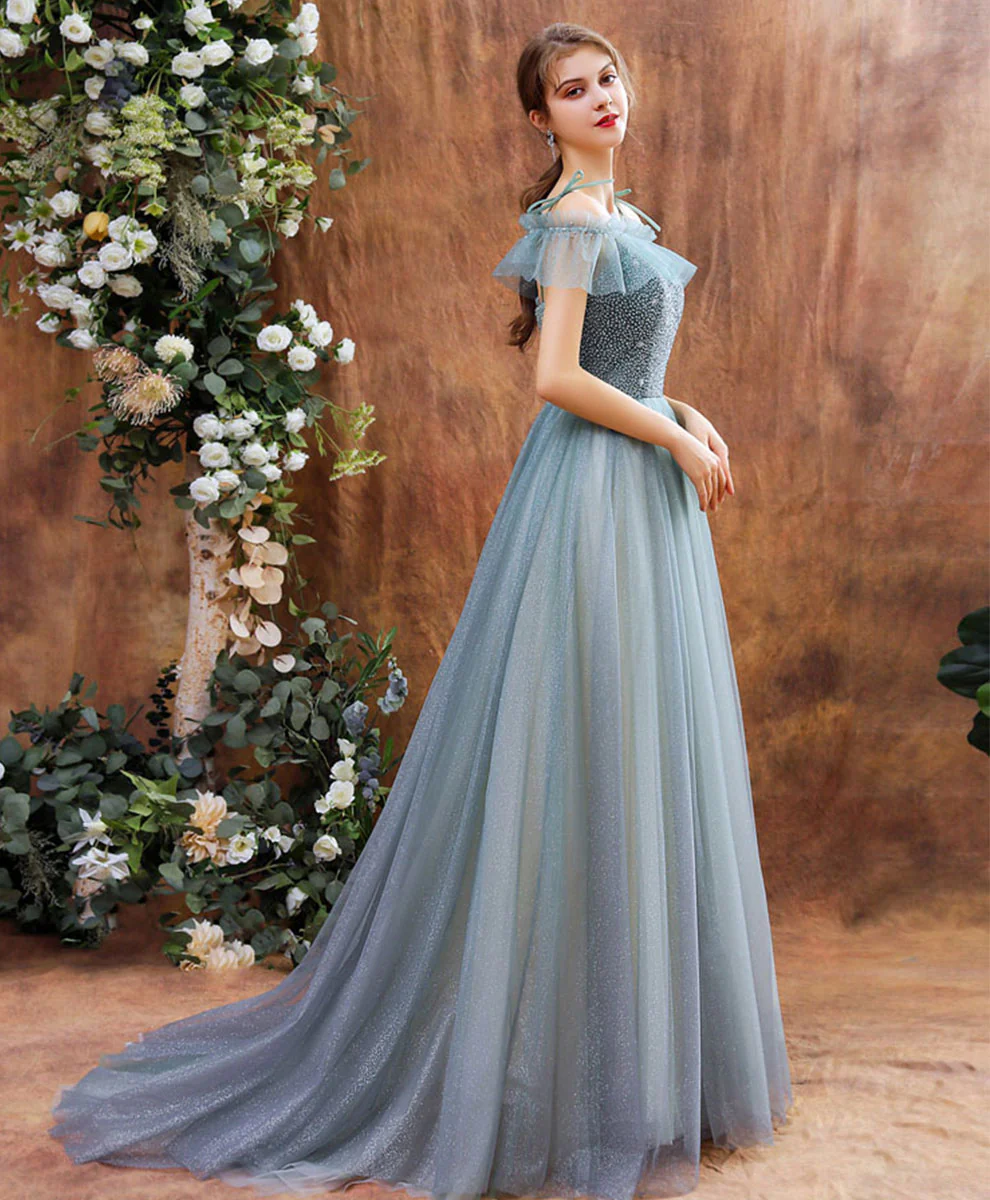 Unique Tulle Beads Long Green Prom Dress, Tulle Formal Dress - Deanwangkt