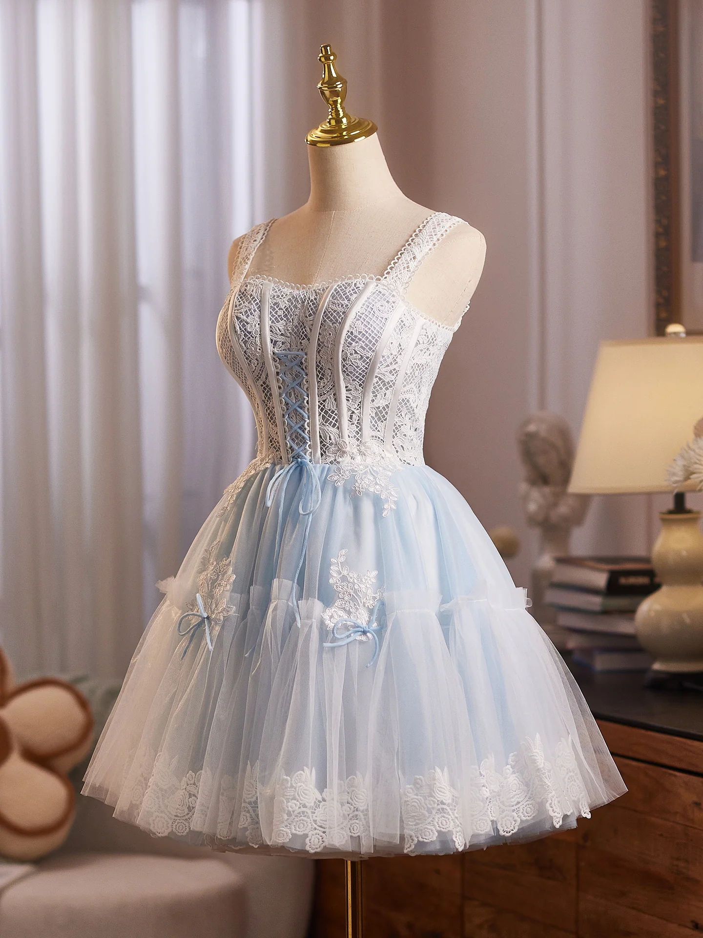 A-Line Tulle Lace Blue Short Prom Dress, Blue Homecoming Dress - Deanwangkt