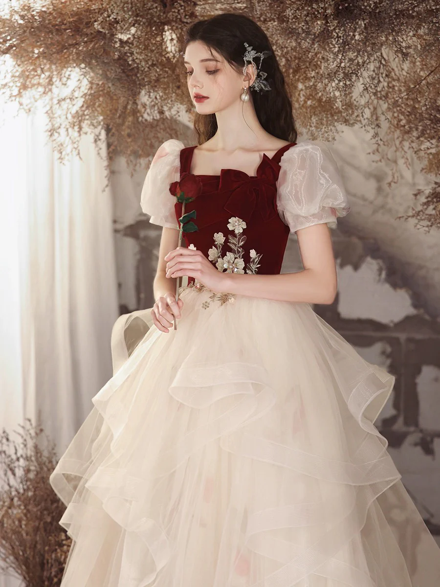 A-Line Tulle Velvet Burgundy/Champagne Long Prom Dress, Cute Sweet 16 Dress - Deanwangkt