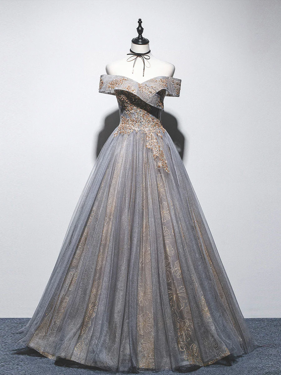 Unique Off Shoulder Tulle Long Gray Prom Dress, A line Tulle Lace Evening Dress - Deanwangkt