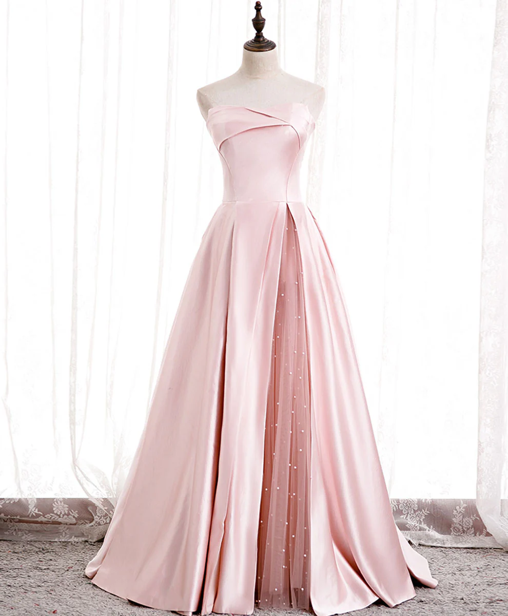Simple Pink Satin Long Prom Dress, Pink Formal Bridesmaid Dress - Deanwangkt