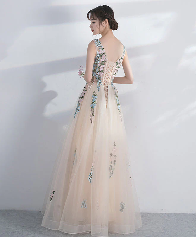 Champagne Round Neck Tulle Lace Long Prom Dress, Evening Dress - Deanwangkt