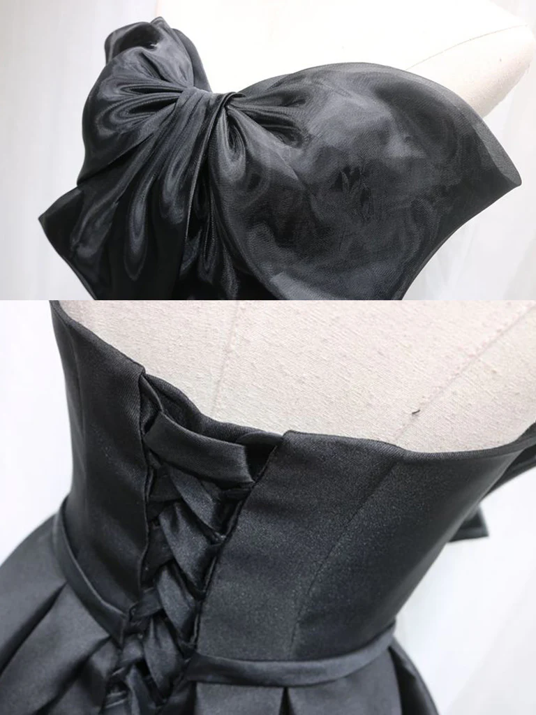 Black Sweetheart Neck Satin Short Prom Dress, Black Homecoming Dress - Deanwangkt