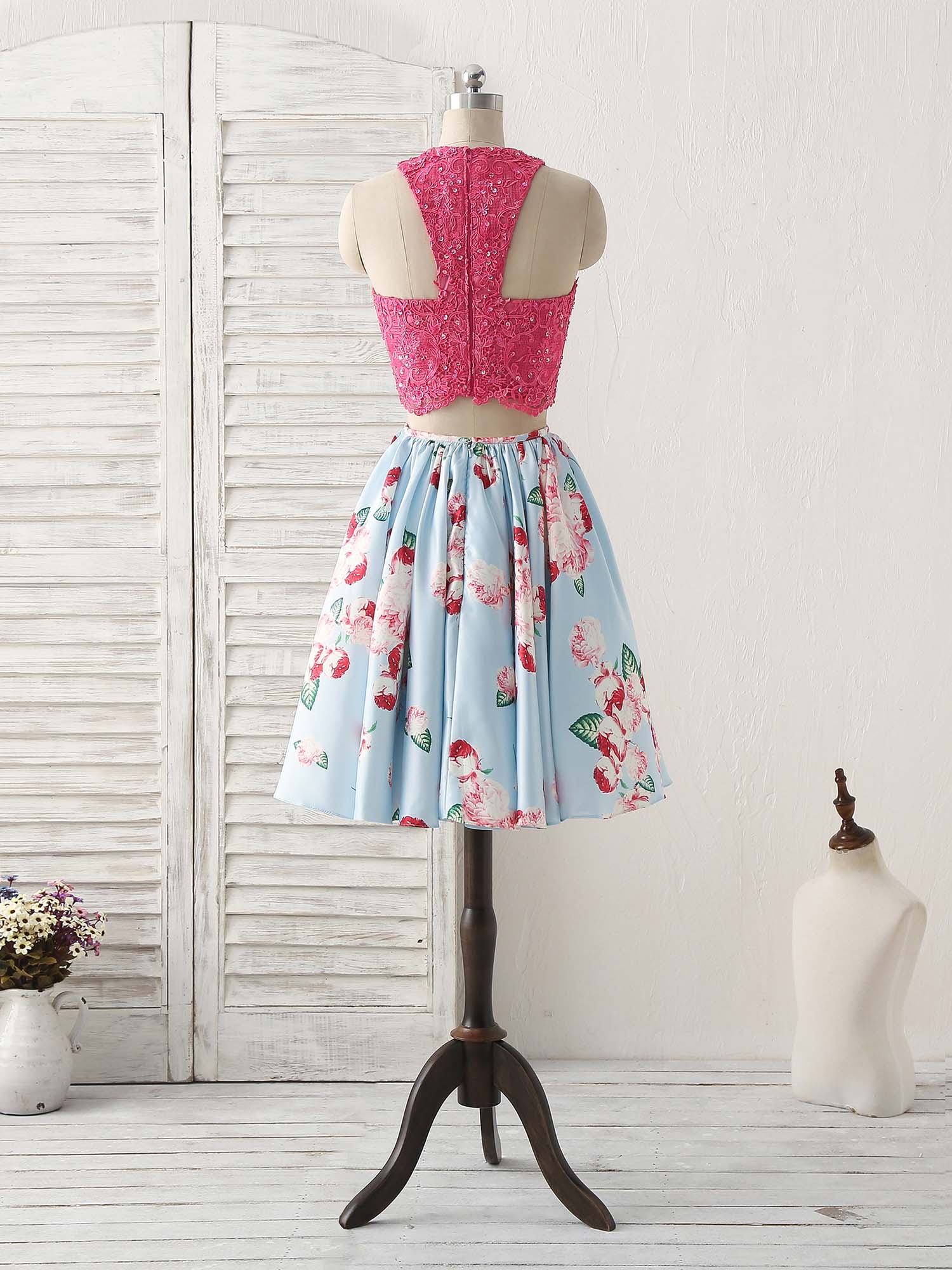 Cute Two Pieces Lace Satin Short Prom Dress Blue Homecoming Dress - Deanwangkt