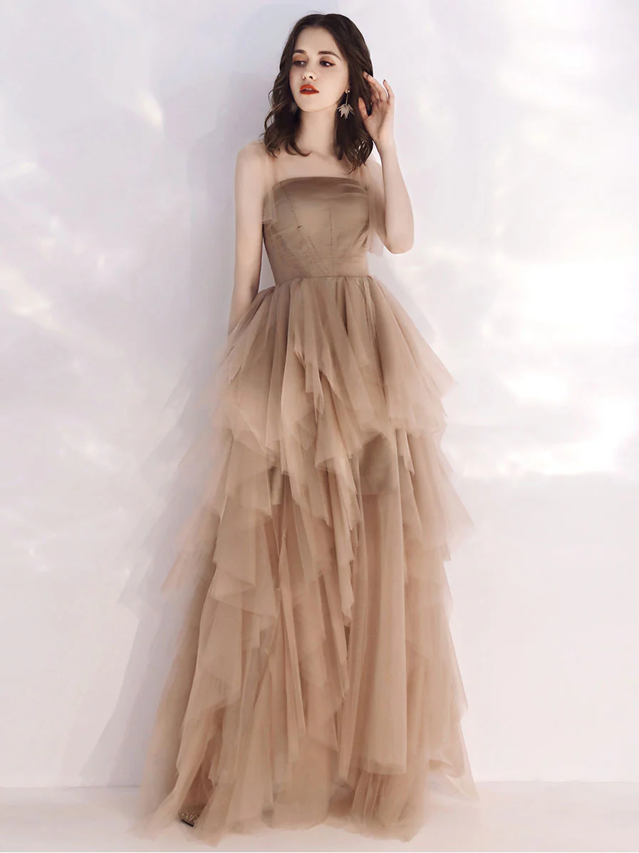 Champagne Tulle Long Prom Dress Champagne Evening Dress - Deanwangkt