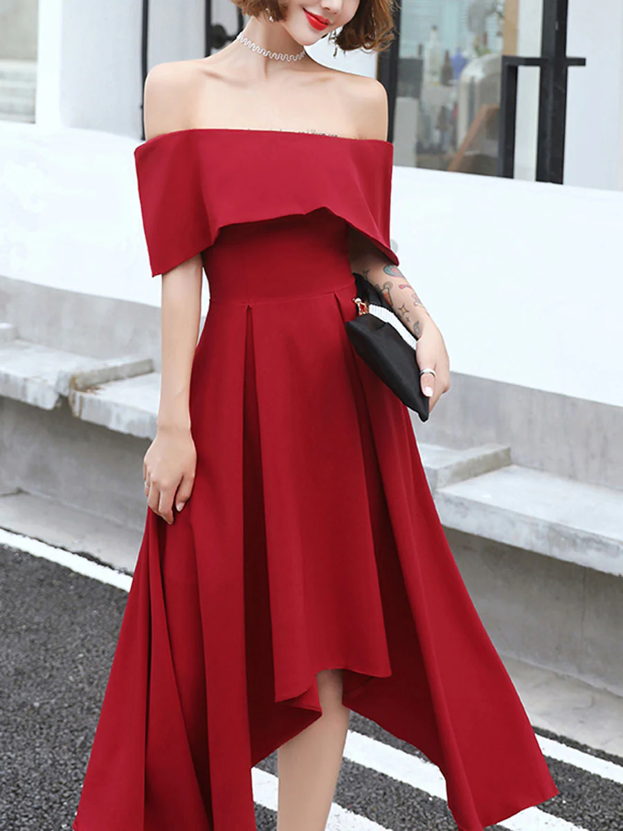 Simple Burgundy Off Shoulder Prom Dresses, Burgundy Homecoming Dresses - Deanwangkt