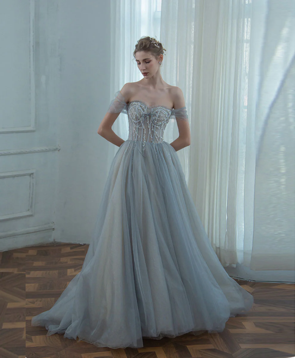 Gray Blue Long Prom Dress, Gray Blue Graduation Formal Dress with Beading - Deanwangkt