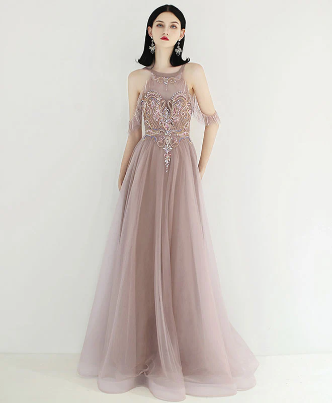 Unique Tulle Beads Long Prom Dress, Tulle Formal Dress - Deanwangkt