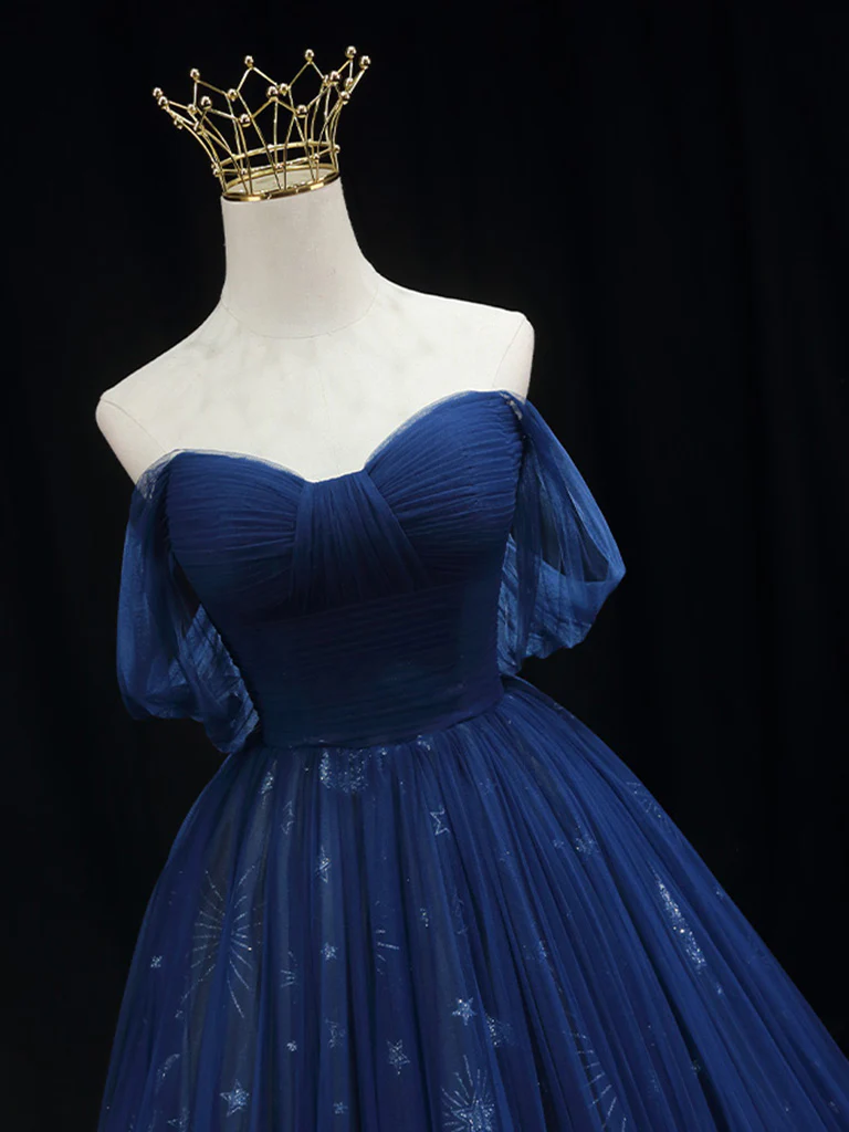 A-Line Off Shoulder Sweetheart Neck Dark Blue Long Prom Dress, Blue Formal Dress - Deanwangkt