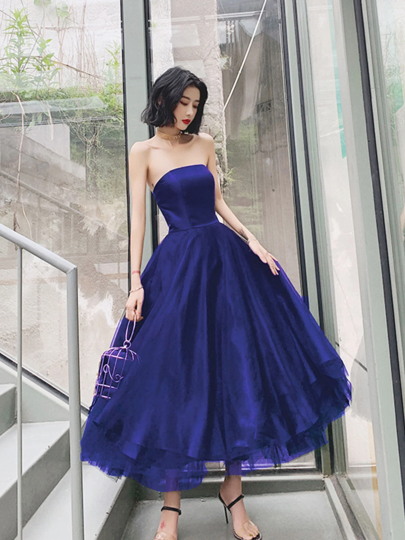 Simple Blue Tulle Tea Length Prom Dress, Tulle Homecoming Dresses - Deanwangkt