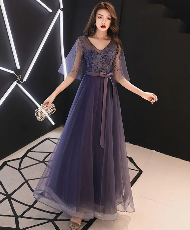 Elegant A-Line Tulle Lace Prom Dress Purple Tulle Formal Dress - Deanwangkt