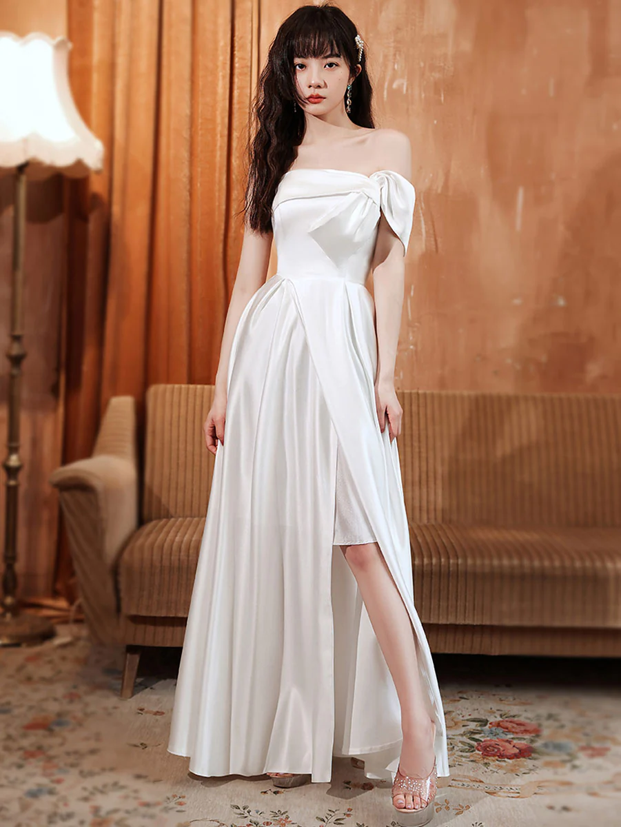 White A line Satin Long Prom Dress, White Satin Long Formal Evening Dress - Deanwangkt