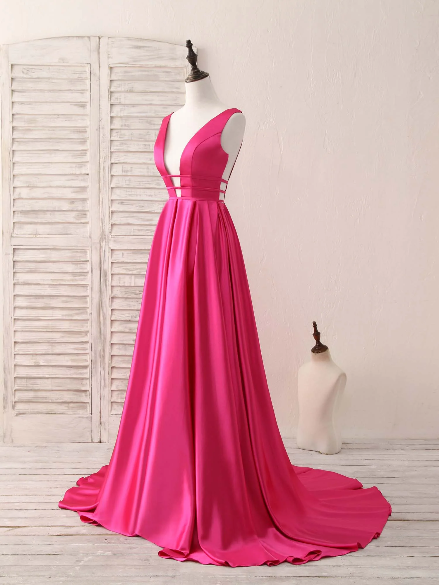 Simple V Neck Satin Long Prom Dress Backless Evening Dress - Deanwangkt
