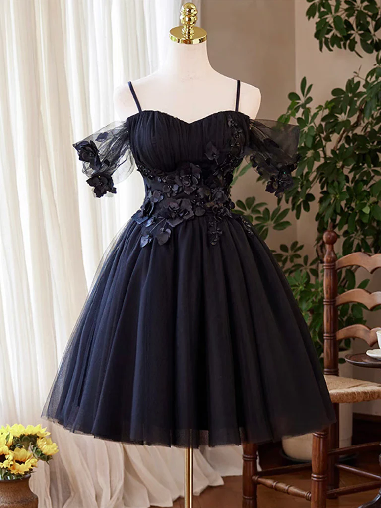 A-Line Sweetheart Neck Tulle Flower Black Short Prom Dress, Black Homecoming Dress - Deanwangkt