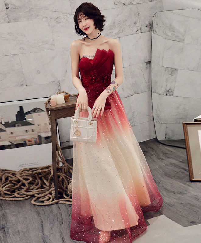 Burgundy Tulle Sequin Long Prom Dress, Tulle Evening Dress - Deanwangkt