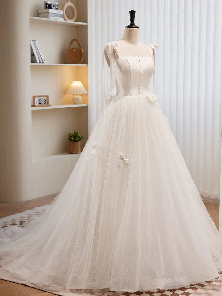 White A-line Tulle Long Prom Dress, White Tulle Formal Dress - Deanwangkt