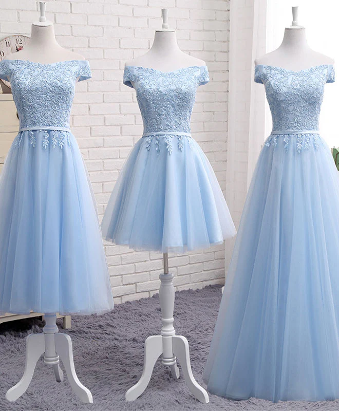 Sky Blue A Line Lace Off Shoulder Prom Dress, Lace Bridesmaid Dresses - Deanwangkt