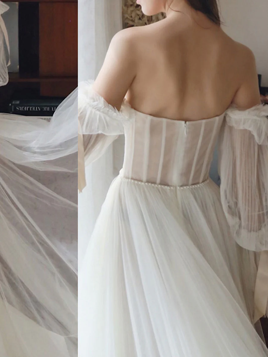 White Tulle A line Long Prom Dress, White Formal Dresses - Deanwangkt