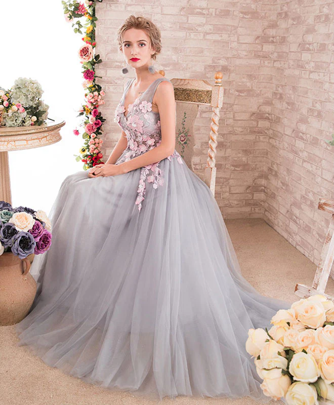 Gray A-Line V Neck Tulle Lace Applique Long Prom Dress, Gray Evening Dress - Deanwangkt