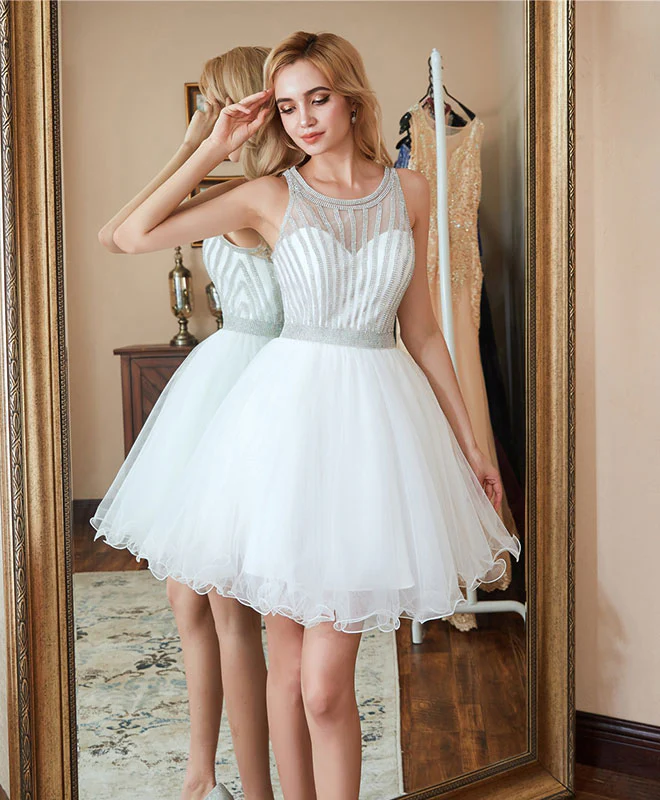 White Tulle Short Prom Dress, White Homecoming Dress - Deanwangkt